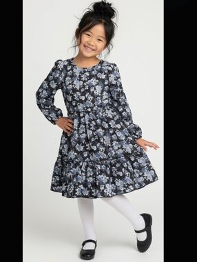 Kidpik Girls Black and Blue Floral Long Sleeve Dress